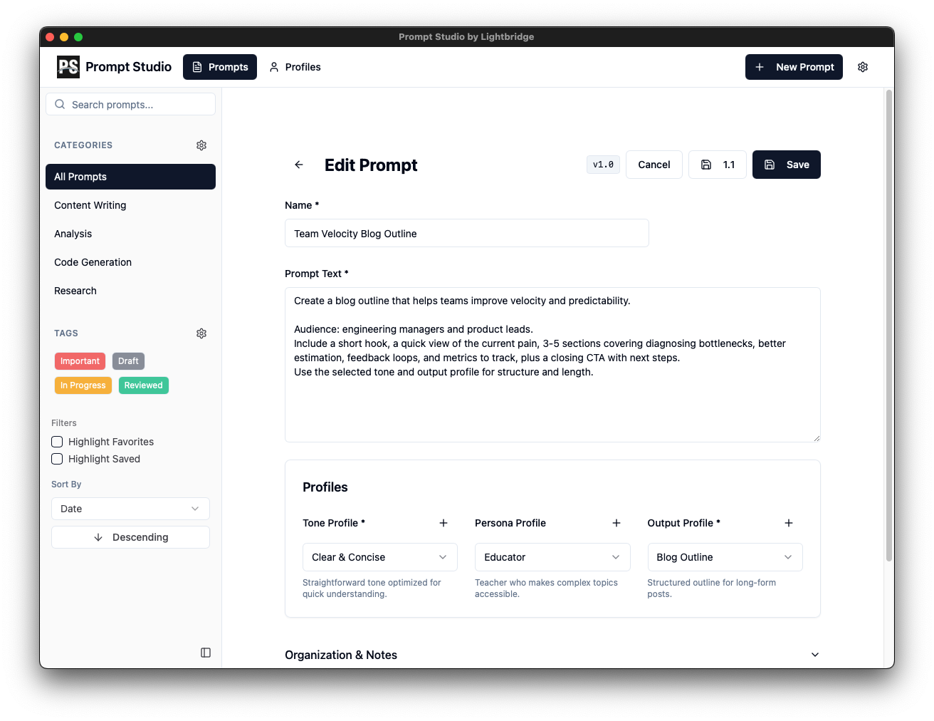 Edit and Test Prompts