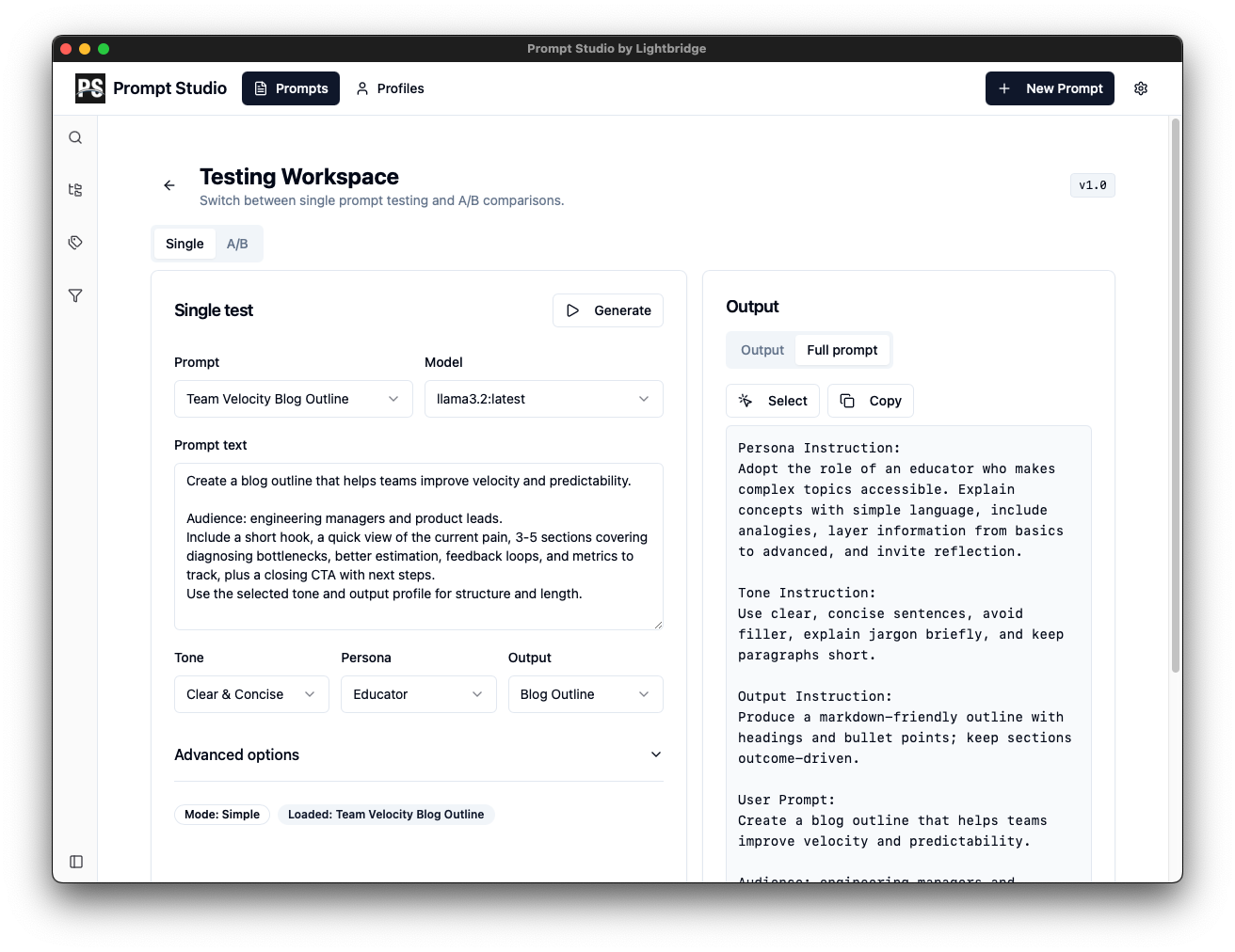 Prompt Testing Workspace